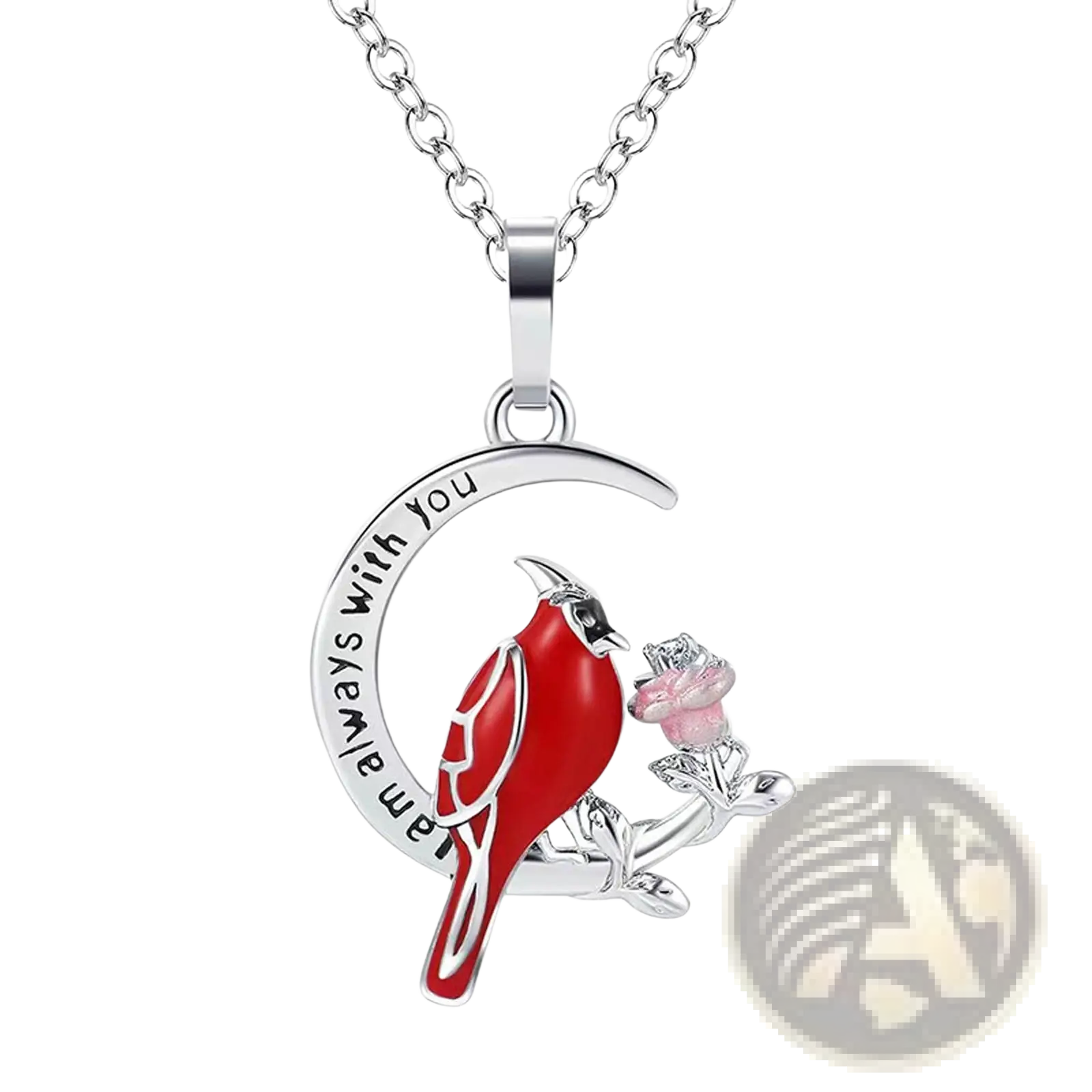 Silver cardinal heart engraved pendant necklace with silver crescent moon, red cardinal, pink rose, and sentiment engraving