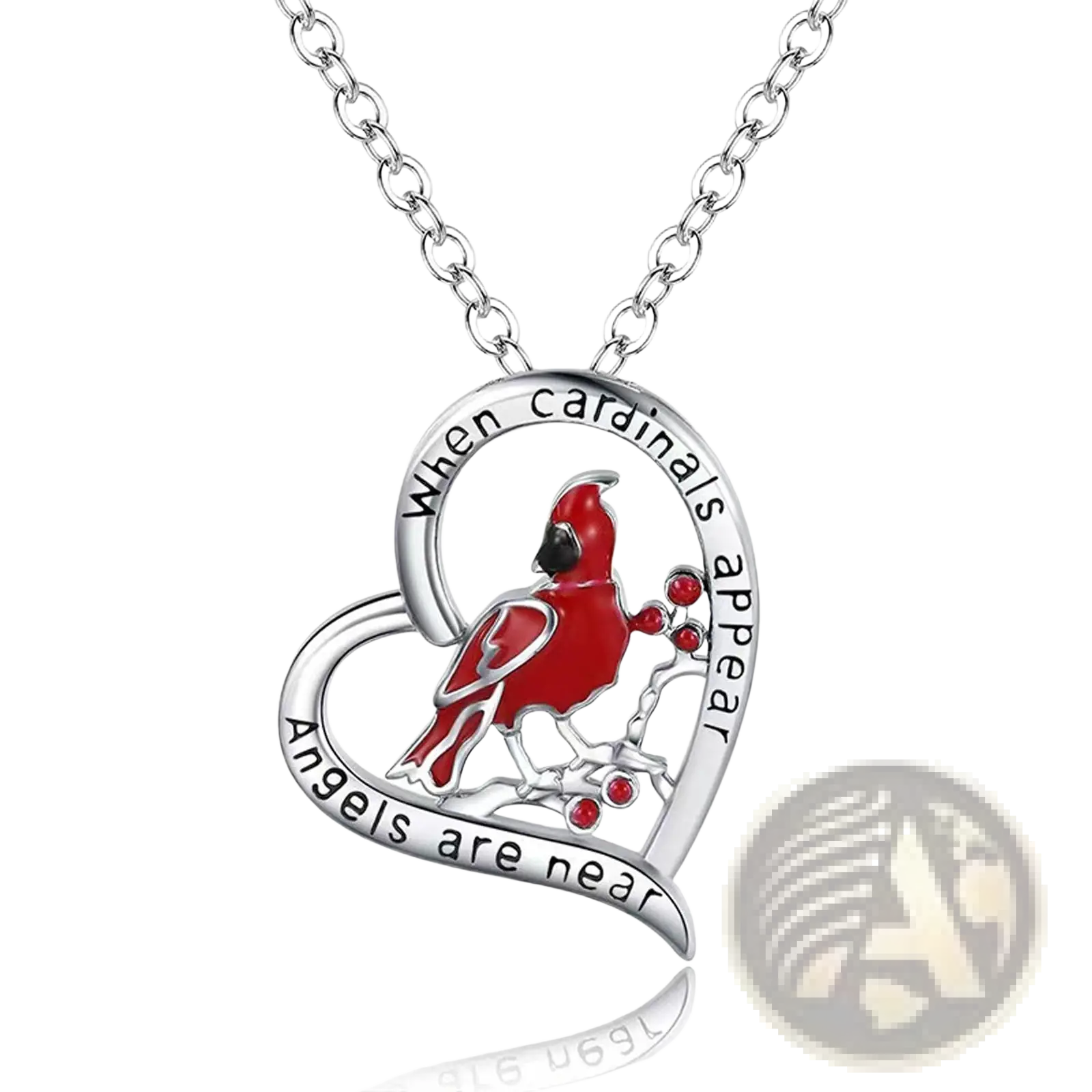 Silver cardinal heart engraved pendant necklace with red cardinal perched on branch and angel message engraving