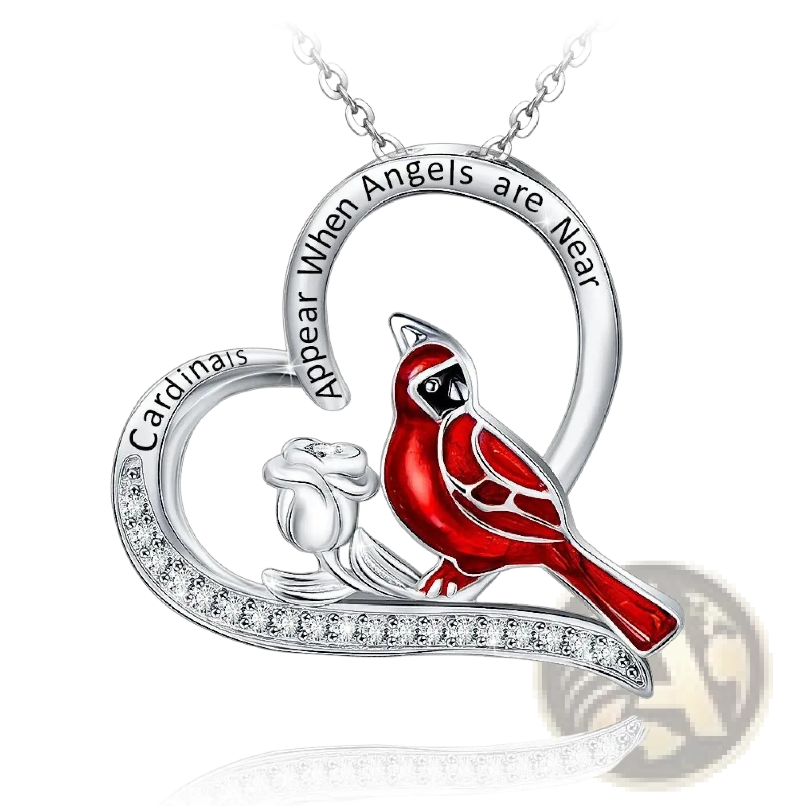 Silver cardinal heart engraved pendant necklace with red cardinal, black accents, clear crystals, and engraved message