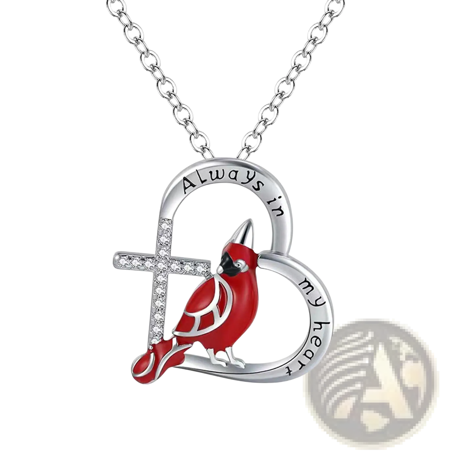 Silver cardinal heart engraved pendant necklace with a red cardinal on a cross and always in my heart inscription