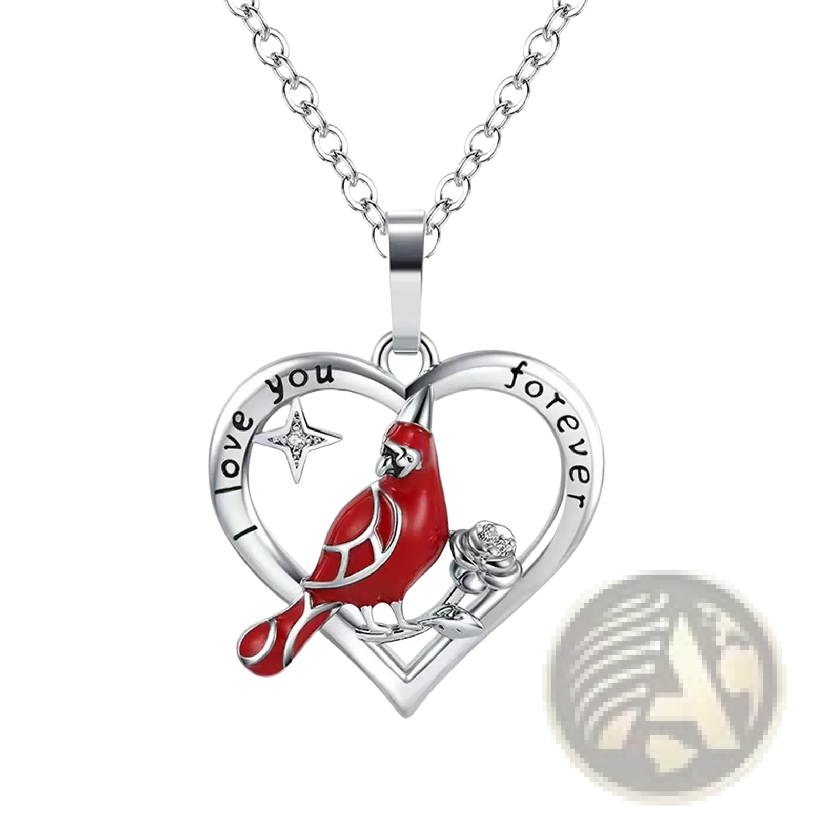 Silver cardinal heart engraved pendant necklace with red cardinal on branch and i love you forever inscription
