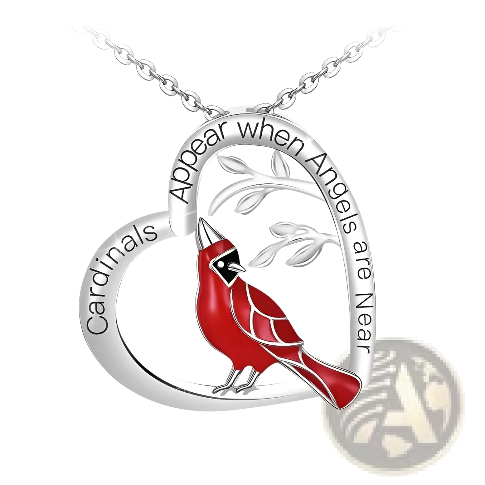 Silver cardinal heart engraved pendant necklace featuring a vibrant red and black cardinal on a silver heart-shaped pendant