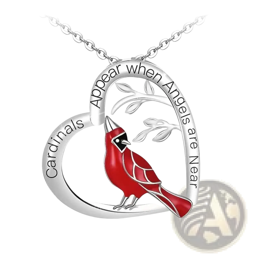 Silver cardinal heart engraved pendant necklace with vibrant red cardinal and black accents on a silver heart-shaped pendant
