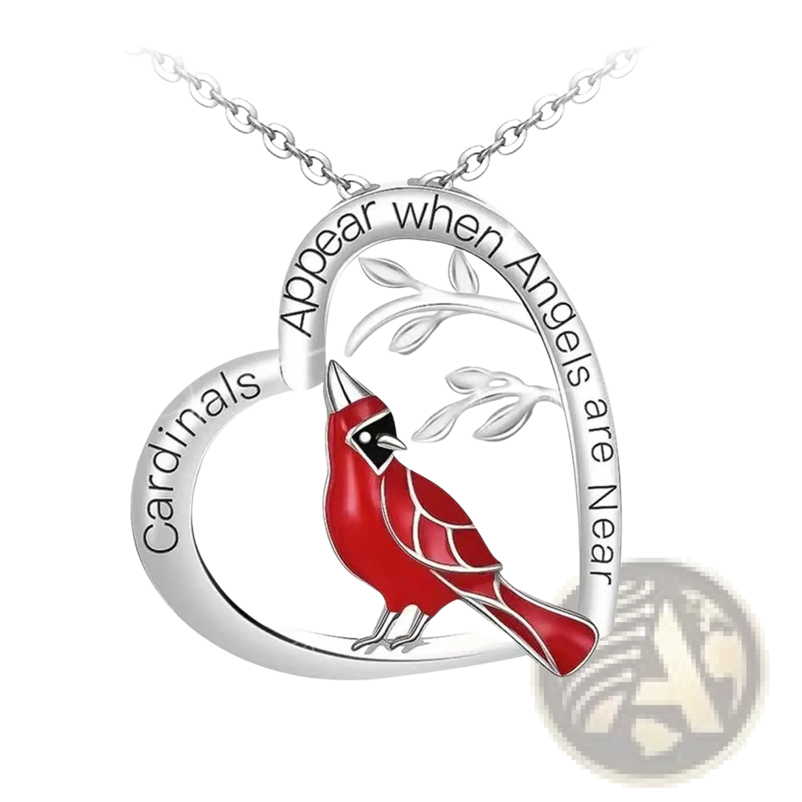 Silver cardinal heart engraved pendant necklace with vibrant red cardinal and black accents on a silver heart-shaped pendant