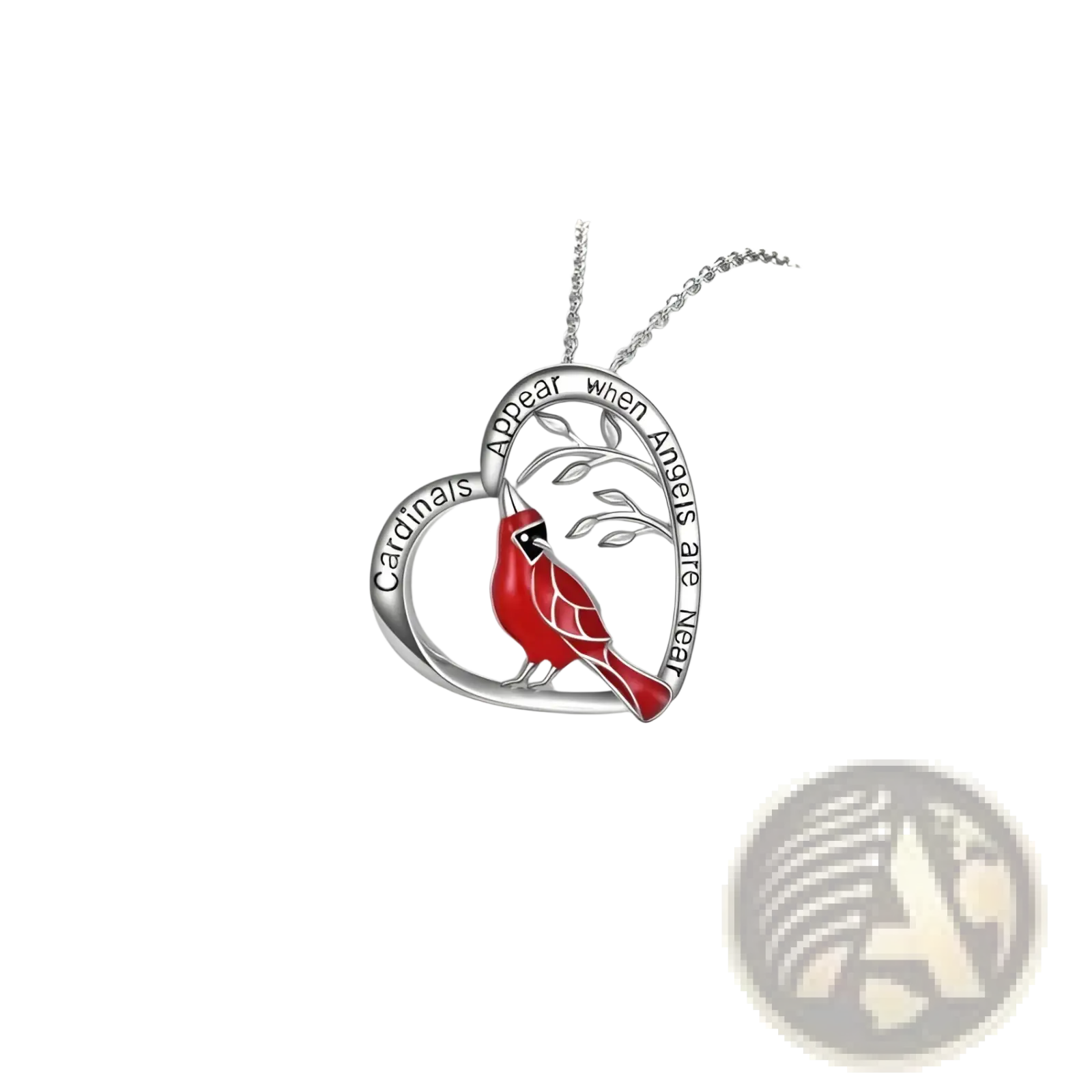 Silver cardinal heart engraved pendant necklace with a red cardinal on a branch and engraved text along the edges