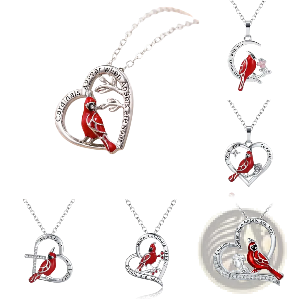 Silver cardinal heart engraved pendant necklace featuring a red cardinal bird on a silver heart-shaped chain