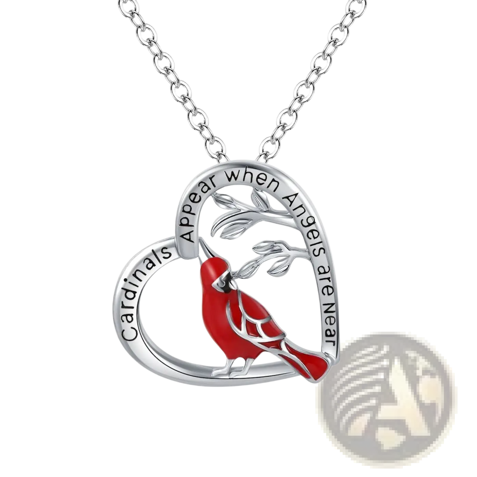 Silver cardinal heart engraved pendant necklace featuring a red cardinal on branches with angel inscription
