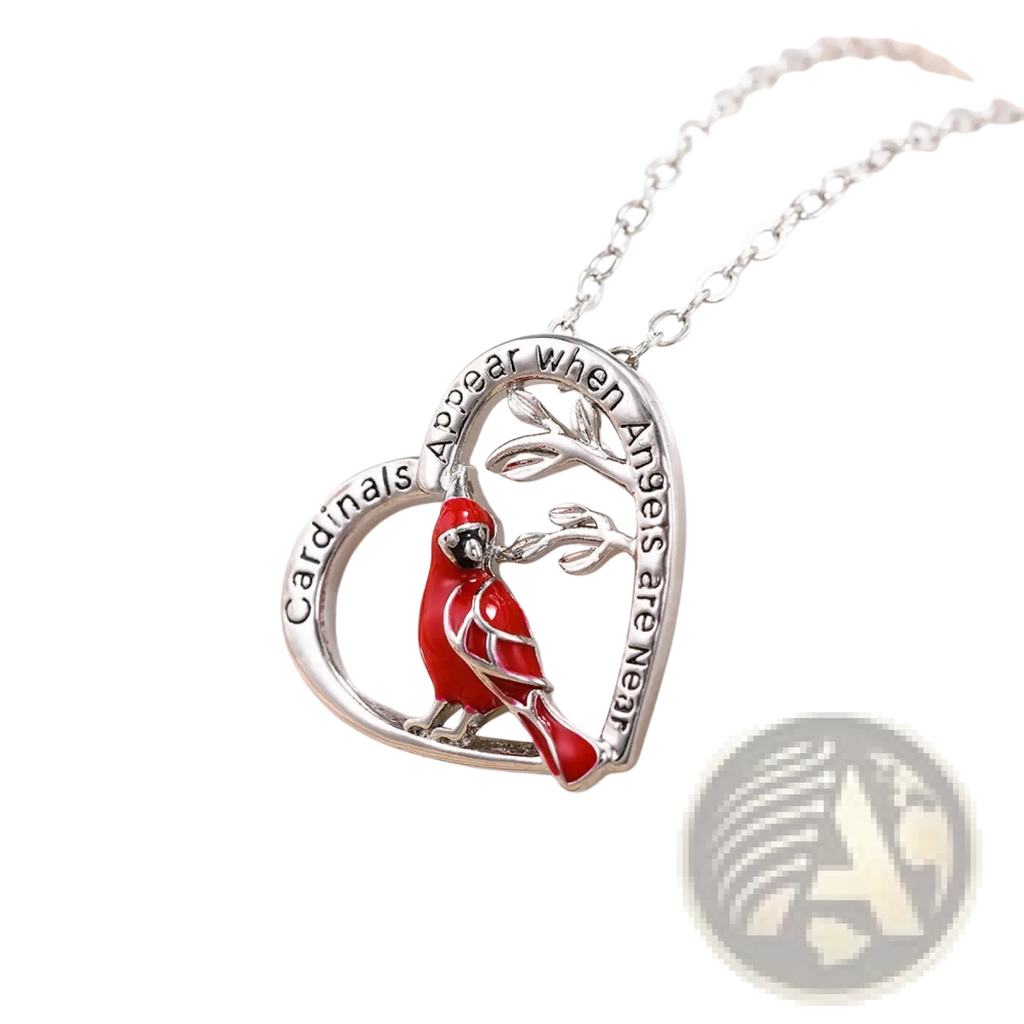 Silver cardinal heart engraved pendant necklace featuring a red cardinal on a branch with inspirational inscription