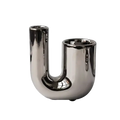 Silver ceramic sphere candle holder with a shiny metallic u-shaped design and reflective chrome-like finish