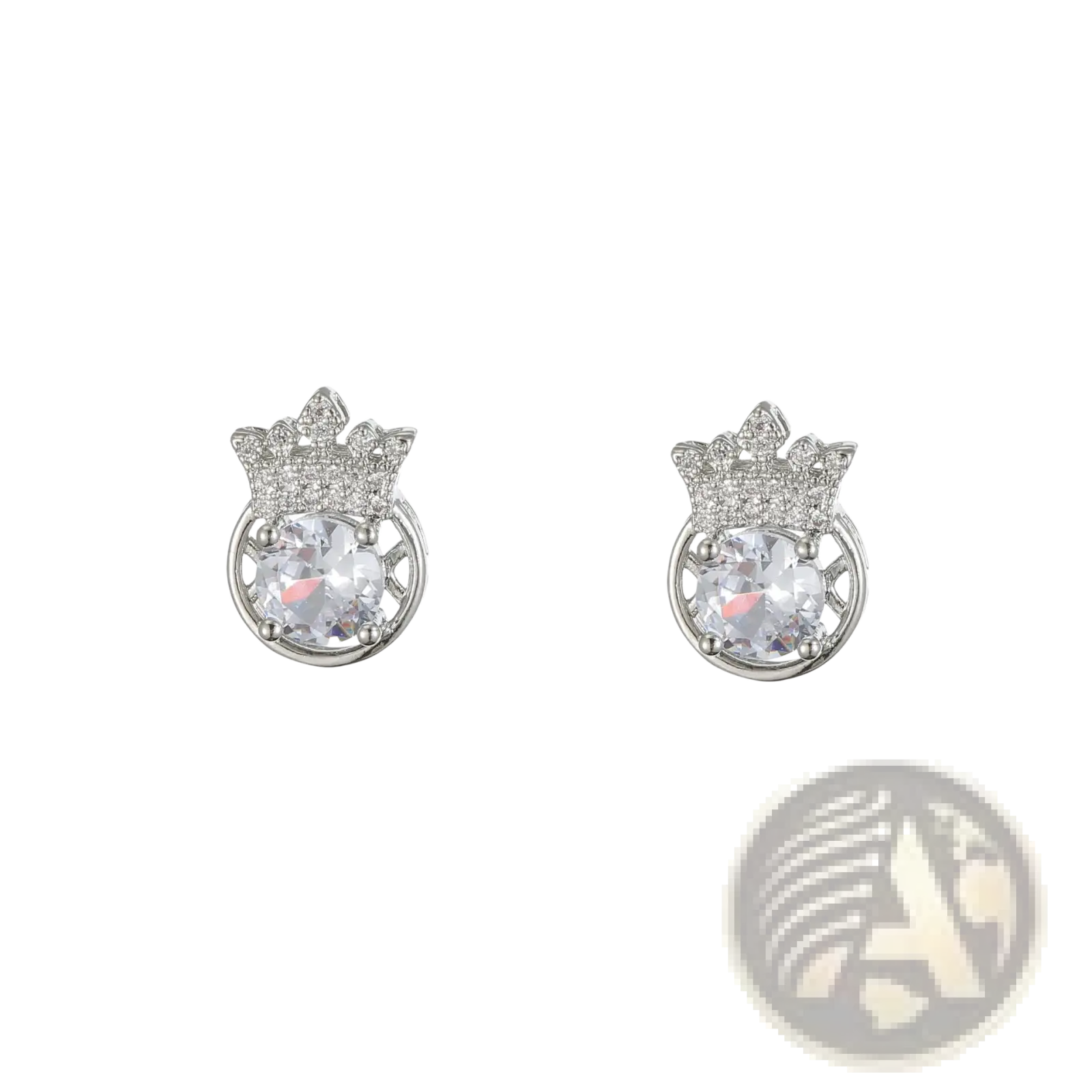 Silver crown-shaped stud earrings with central clear zircon and pave-set diamonds from silver crown zircon jewelry set