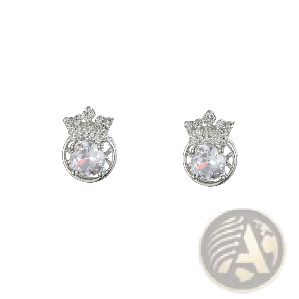 Silver crown-shaped stud earrings with central clear zircon and pave-set diamonds from silver crown zircon jewelry set