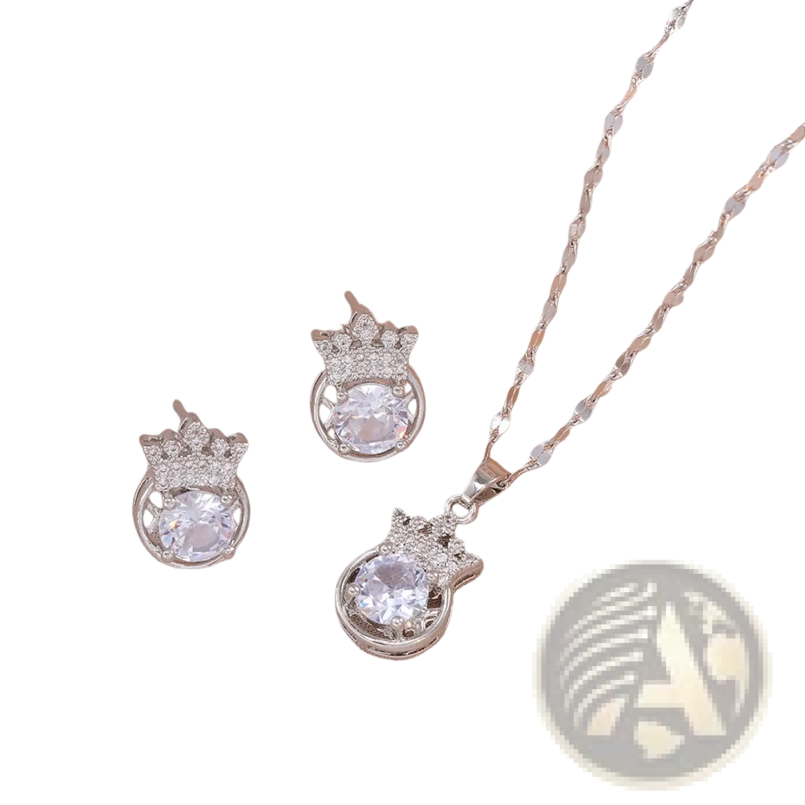 Silver crown zircon necklace and earring jewelry set with clear central gemstone and surrounding sparkling rhinestones