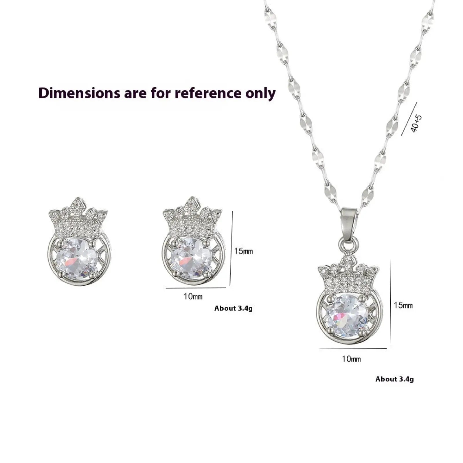 Silver crown zircon necklace and earring set featuring a silver pendant with clear central gemstone and surrounding crystals