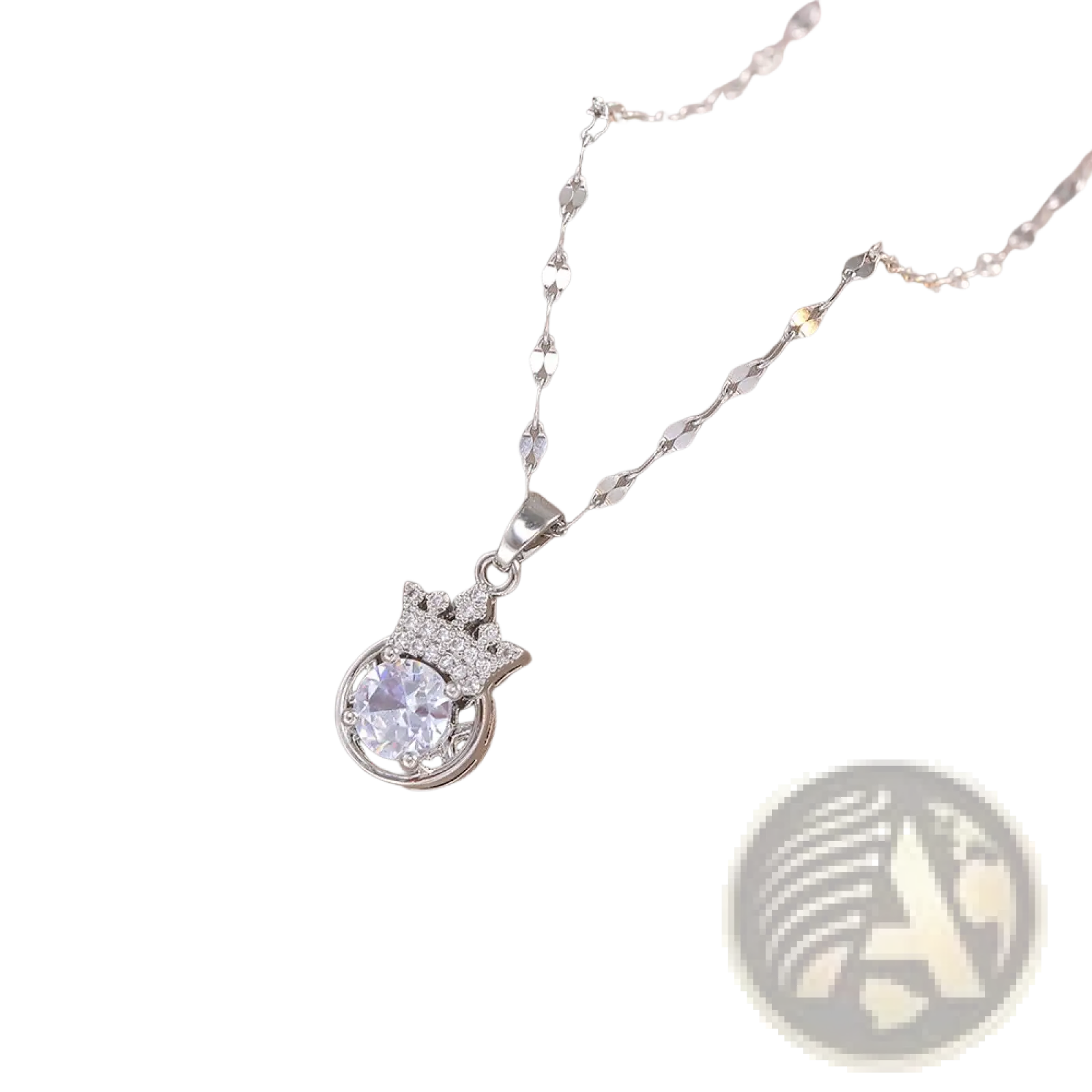 Silver crown zircon necklace pendant with central clear gemstone surrounded by smaller crystals in ornate design