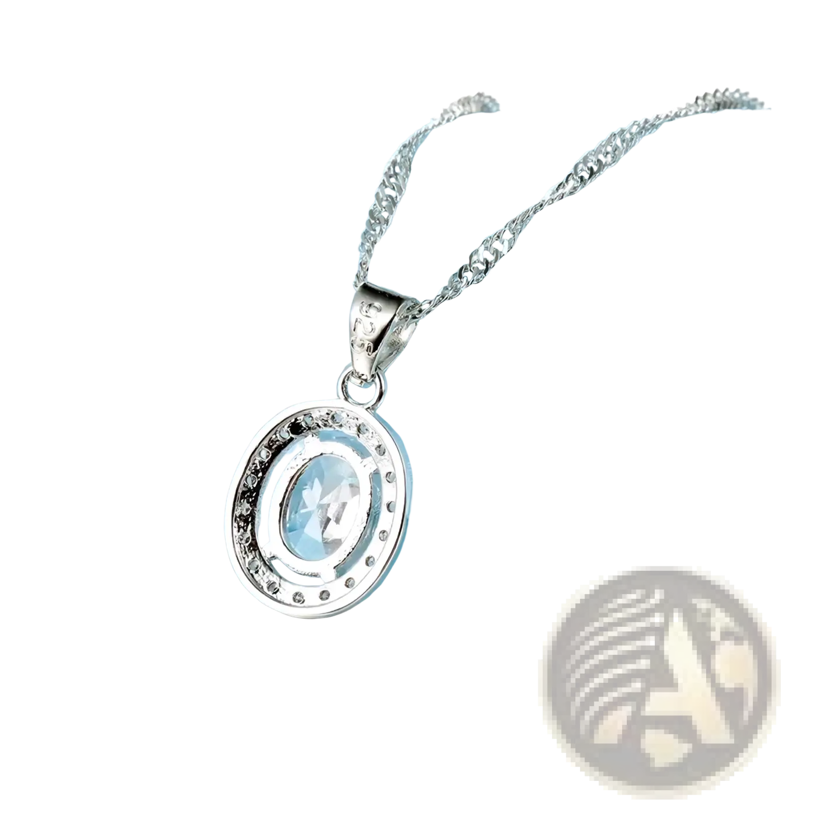 Silver crystal jewelry set necklace featuring a silver oval pendant with clear and smaller sparkling stones on an ornate chain