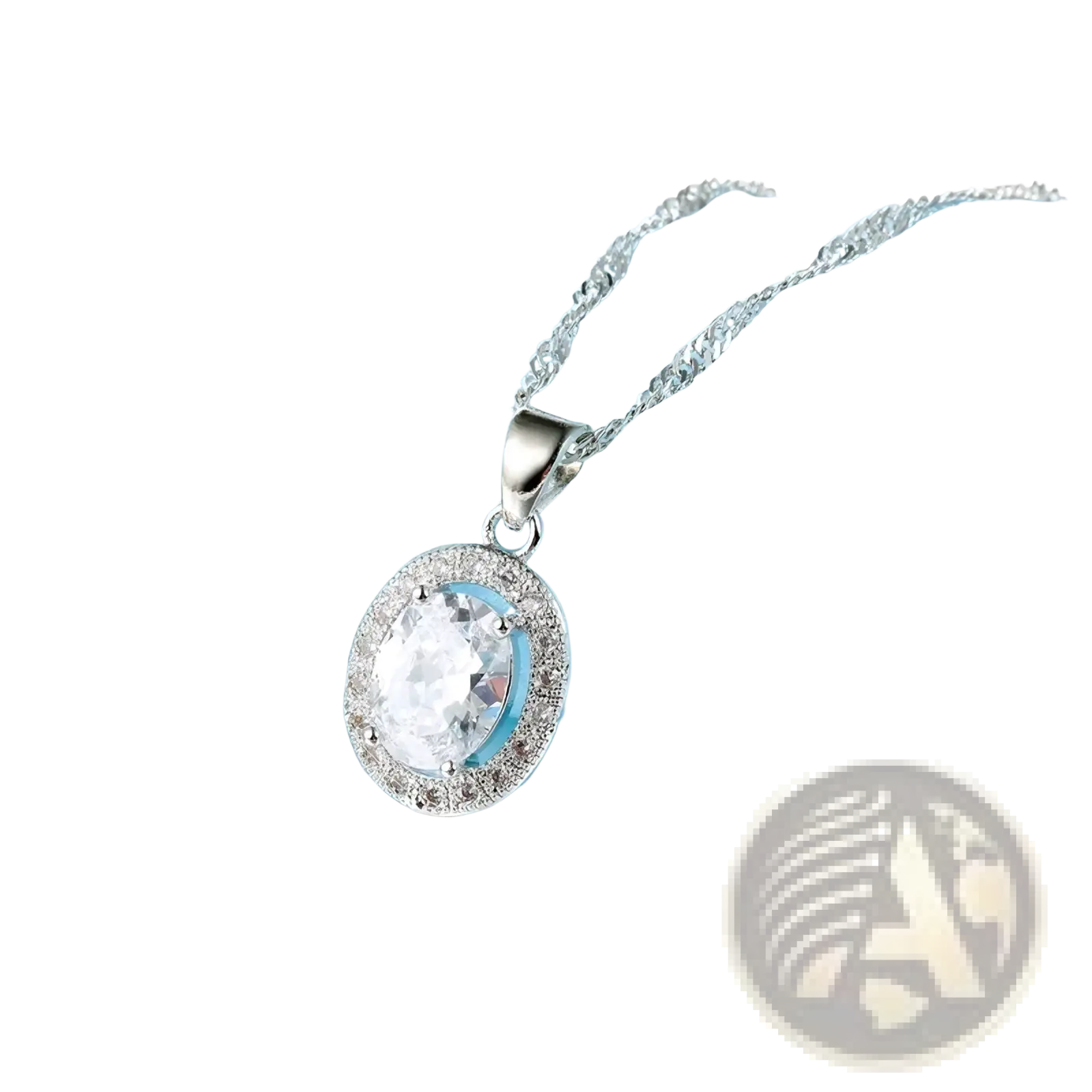 Silver crystal jewelry set necklace featuring a silver oval pendant with a central clear gemstone and smaller stones on a chain