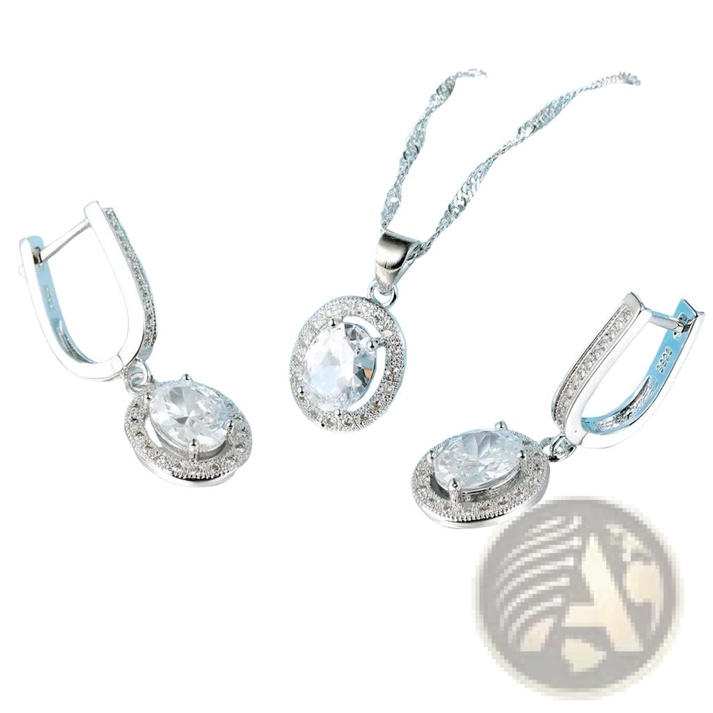 Silver crystal jewelry set necklace and earrings in silver tone with oval-cut clear gemstones and surrounding crystals