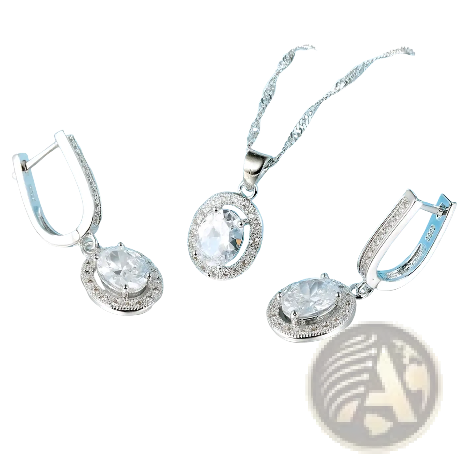 Silver crystal jewelry set necklace and earrings in silver tone with oval-cut clear gemstones and surrounding crystals