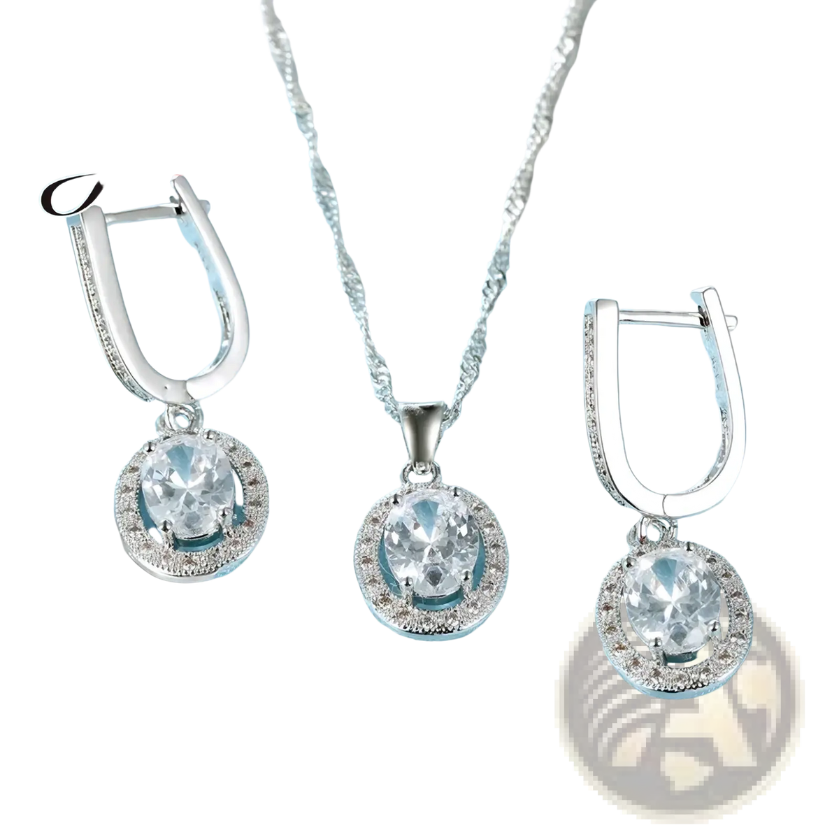 Silver crystal jewelry set necklace and earrings with oval-cut clear stones and halo crystals on light blue fabric