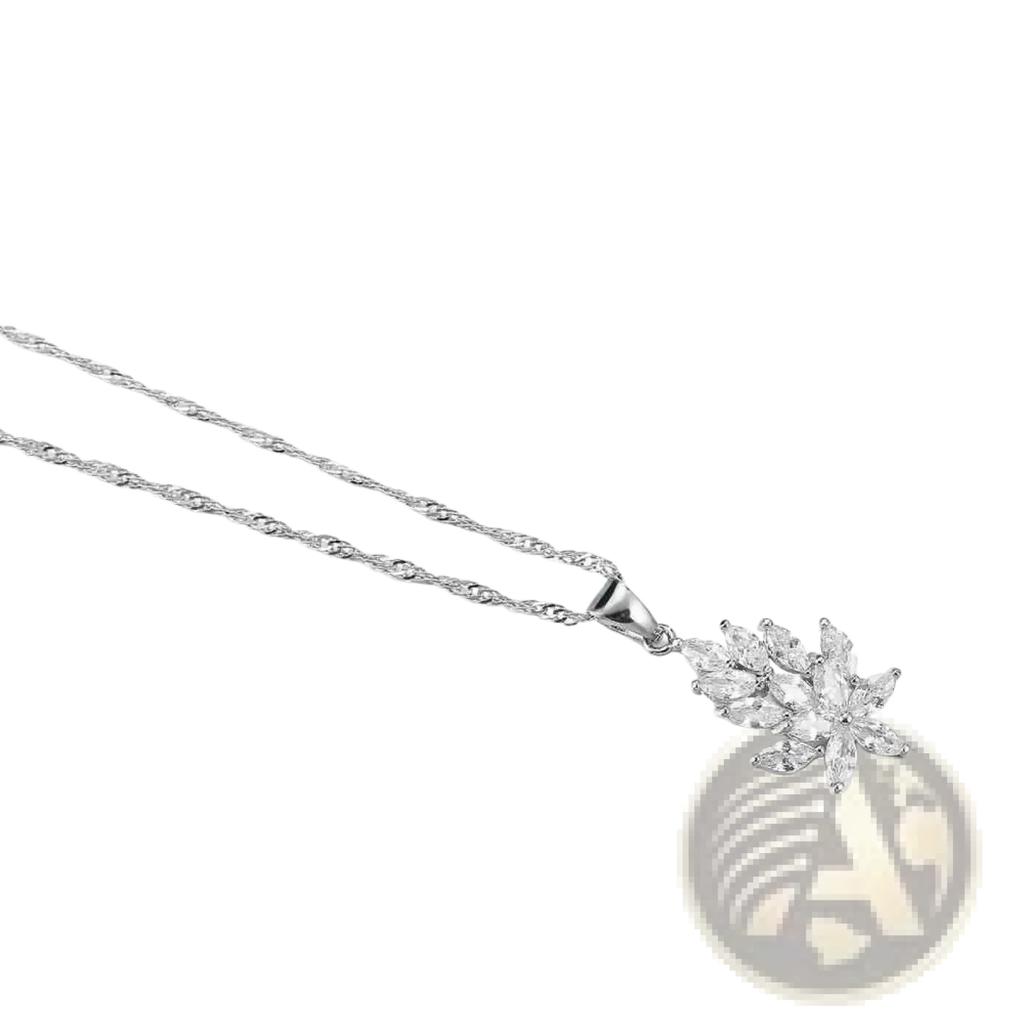 Silver crystal leaf jewelry set featuring a silver chain necklace with a delicate flower-shaped crystal pendant