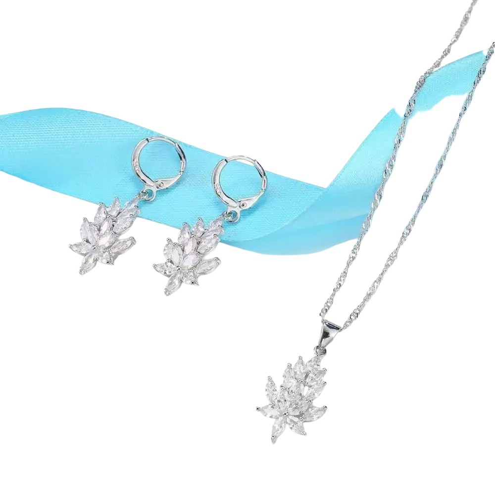 Silver crystal leaf jewelry set featuring yameli silver lotus-shaped crystal earrings and matching pendant necklace
