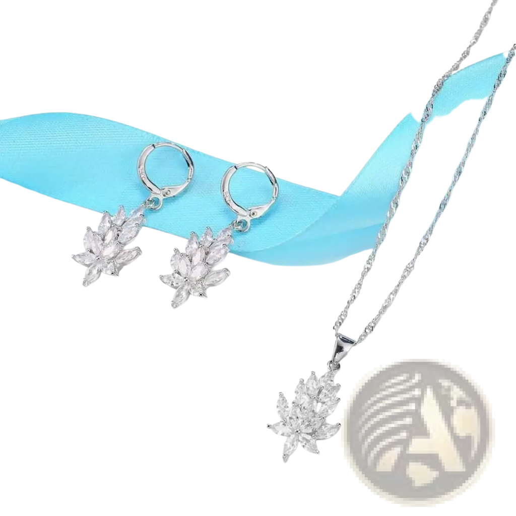 Silver crystal leaf jewelry set featuring yameli silver lotus-shaped crystal earrings and matching pendant necklace