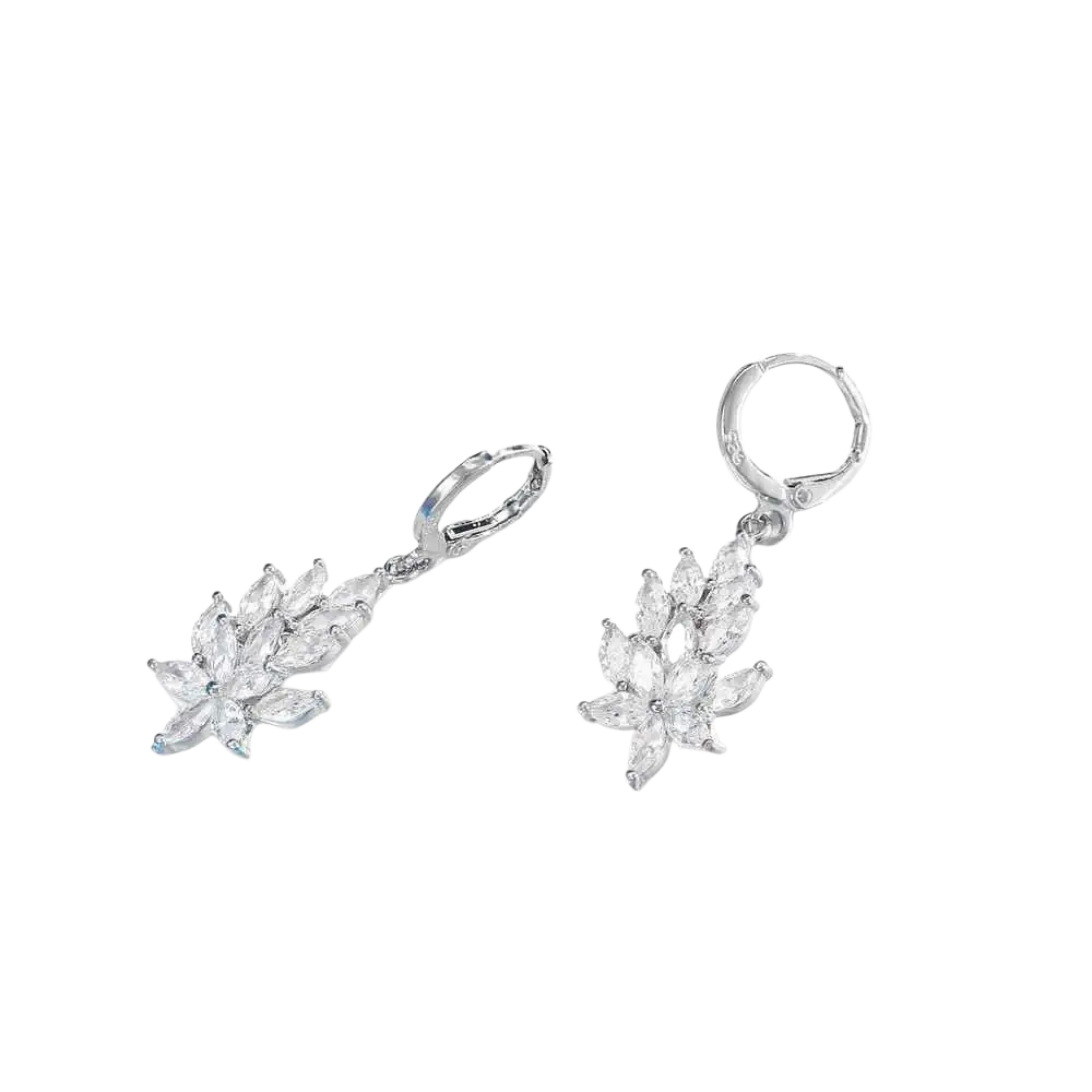 Silver leaf-shaped dangle earrings with clear crystal accents featuring a sleek elegant design from silver crystal leaf jewelry set
