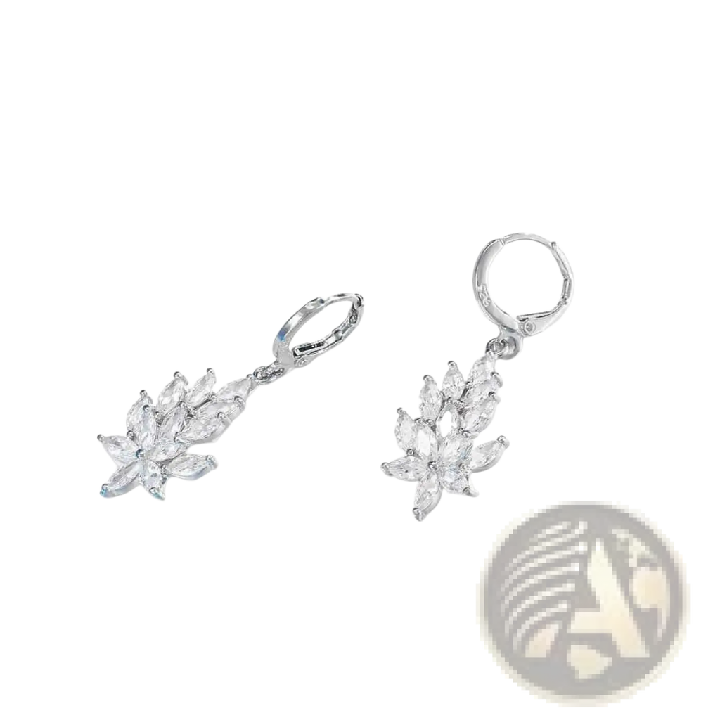 Silver leaf-shaped dangle earrings with clear crystal accents featuring a sleek elegant design from silver crystal leaf jewelry set