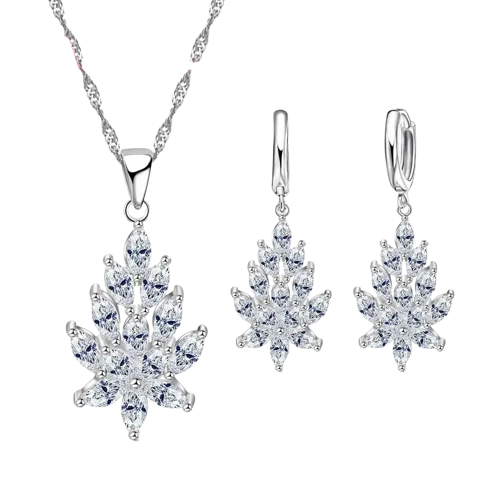 Silver crystal leaf jewelry set featuring silver leaf-shaped pendant necklace and matching earrings with clear crystals