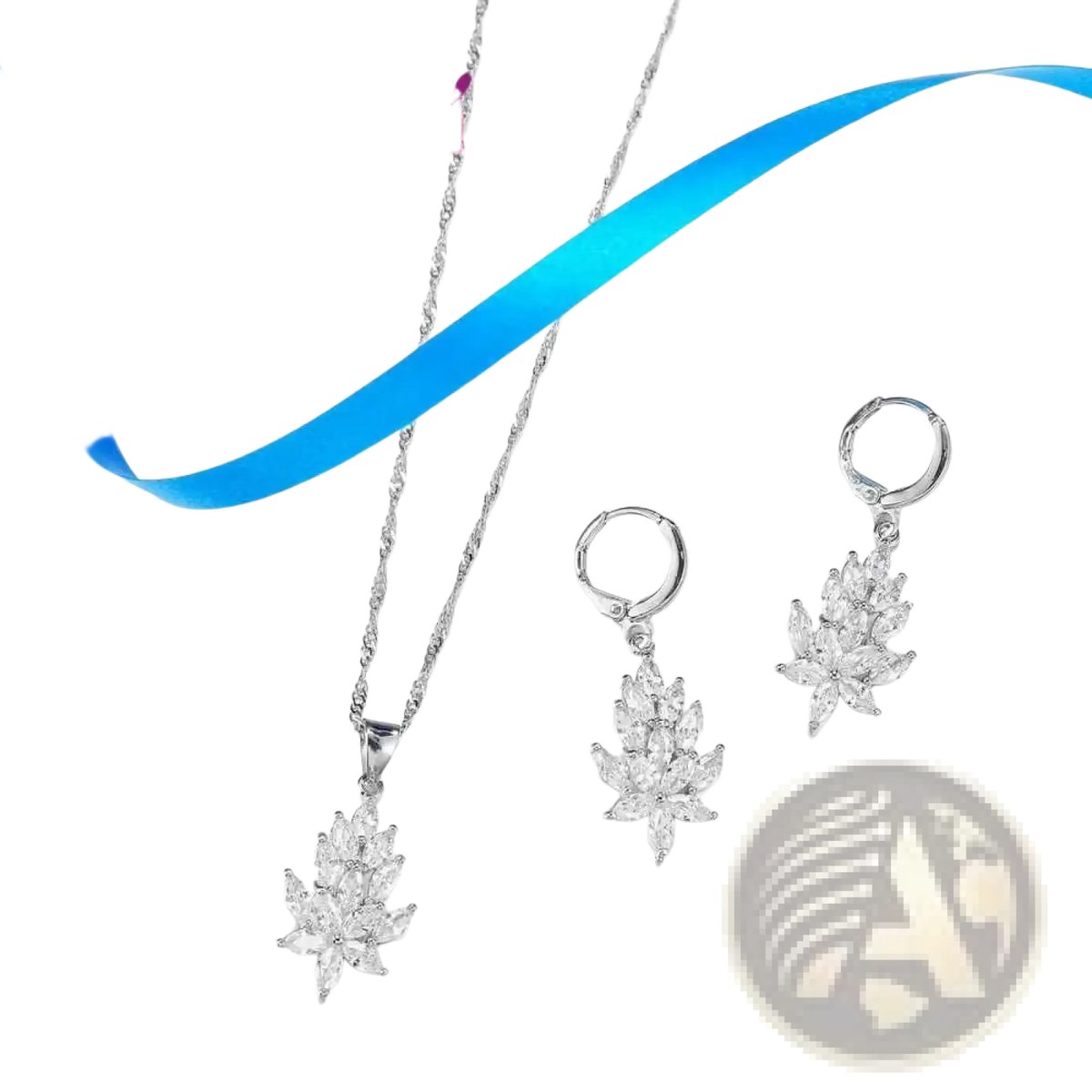Silver crystal leaf jewelry set by yameli featuring silver leaf-shaped pendant necklace and matching earrings with clear crystals