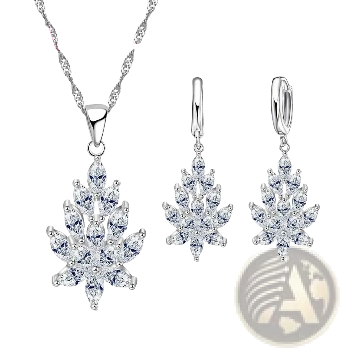 Silver crystal leaf jewelry set featuring silver leaf-shaped pendant necklace and matching earrings with clear crystals