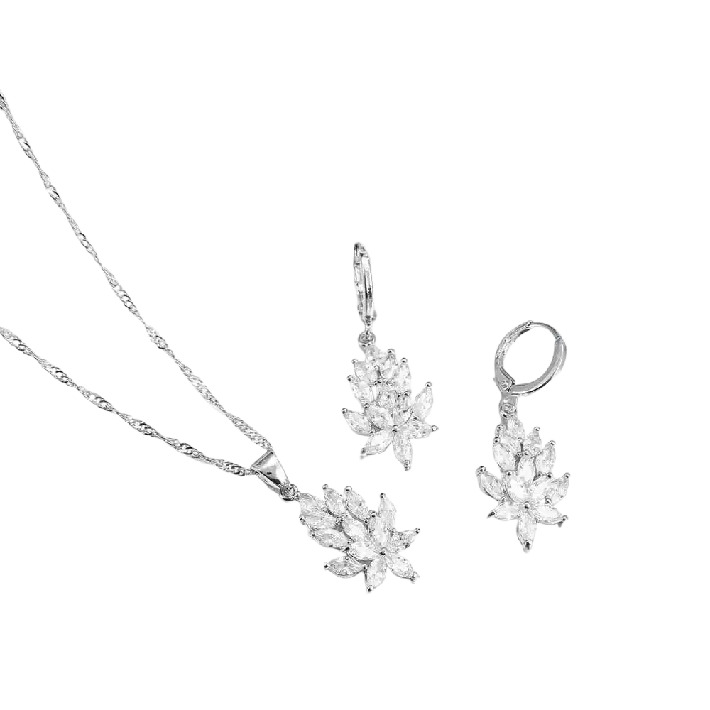 Silver crystal leaf jewelry set by yameli featuring silver-toned floral pendant necklace and matching cubic zirconia earrings
