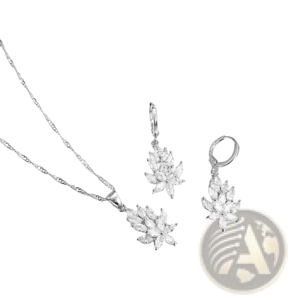 Silver crystal leaf jewelry set by yameli featuring silver-toned floral pendant necklace and matching cubic zirconia earrings