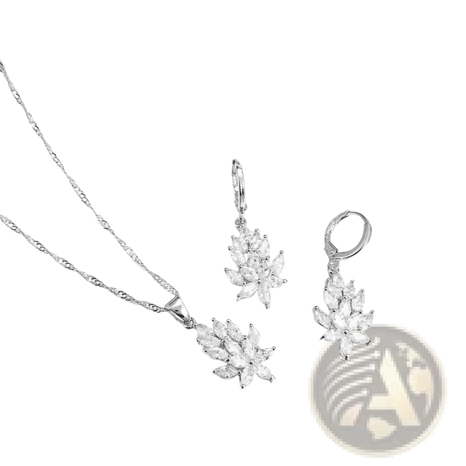 Silver crystal leaf jewelry set by yameli featuring silver-toned floral pendant necklace and matching cubic zirconia earrings