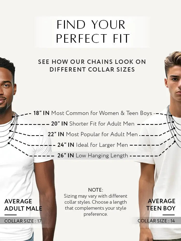 Silver-toned 5mm diamond cut cuban link chain necklaces displayed on models showcasing various collar lengths