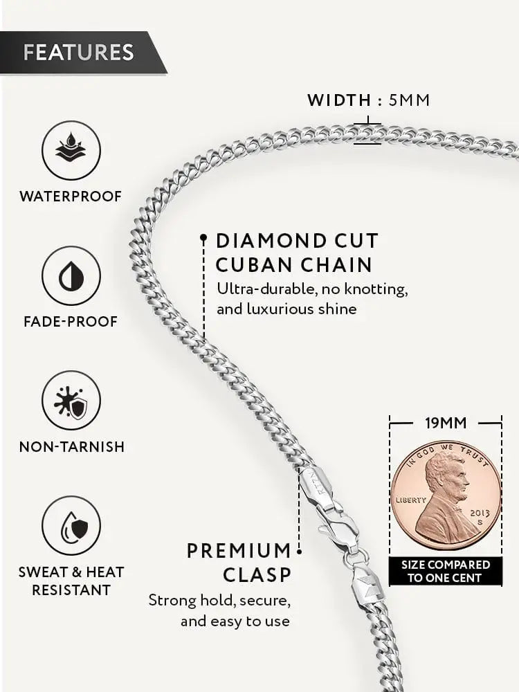 5mm silver diamond cut Cuban link chain necklace with premium clasp in polished silver finish