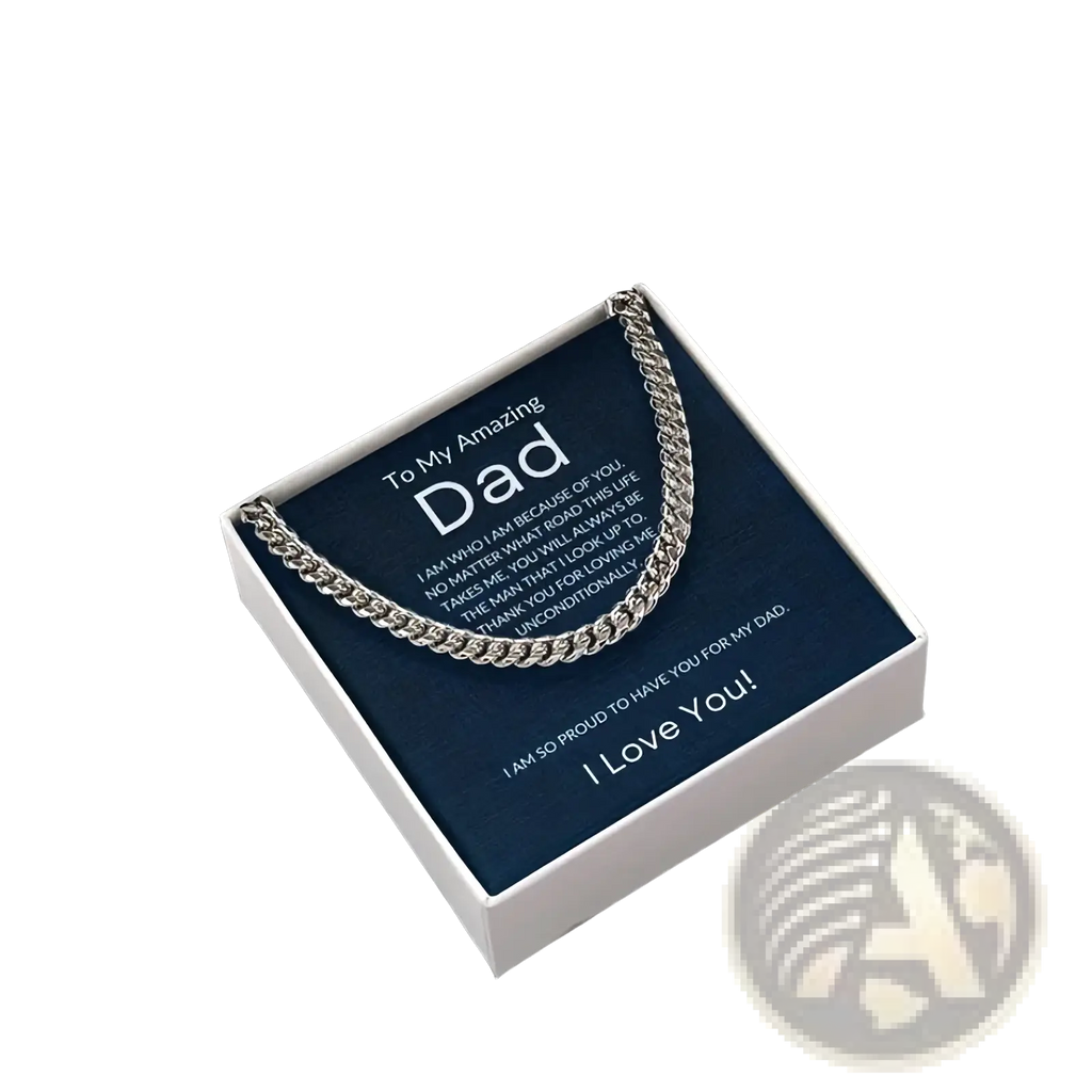 Silver Cuban link chain necklace for men displayed in a gift box with a heartfelt message card