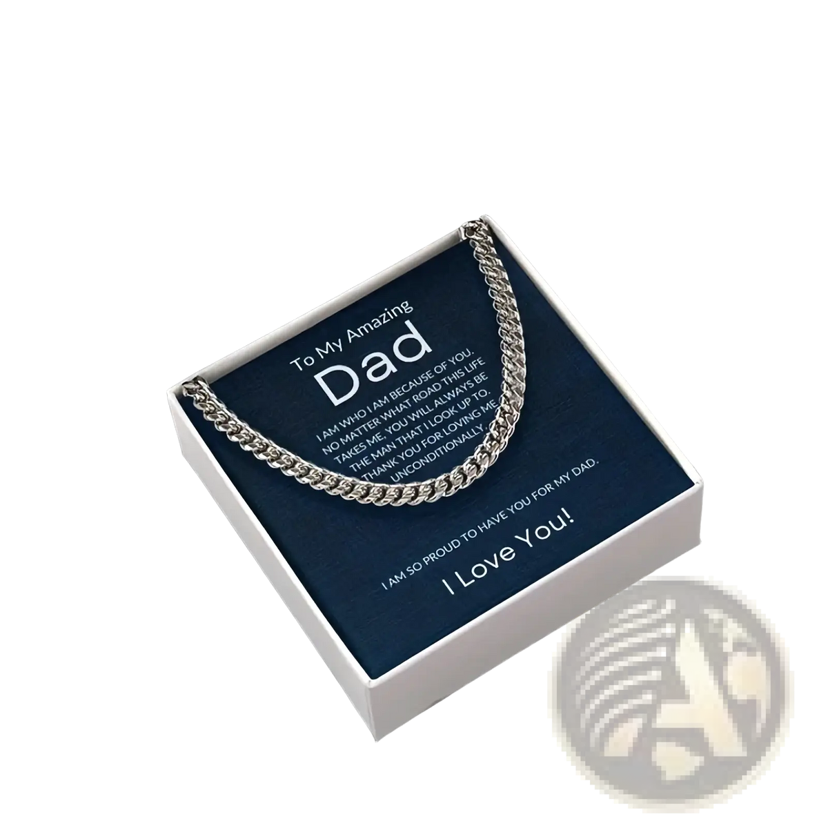 Silver Cuban link chain necklace for men displayed in a gift box with a heartfelt message card