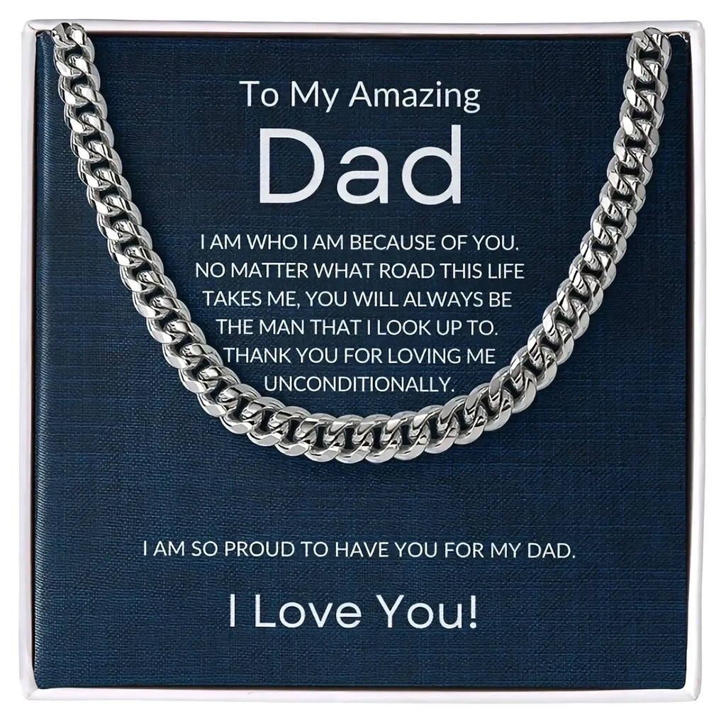 Silver Cuban link chain necklace for men displayed in a gift box with a heartfelt message