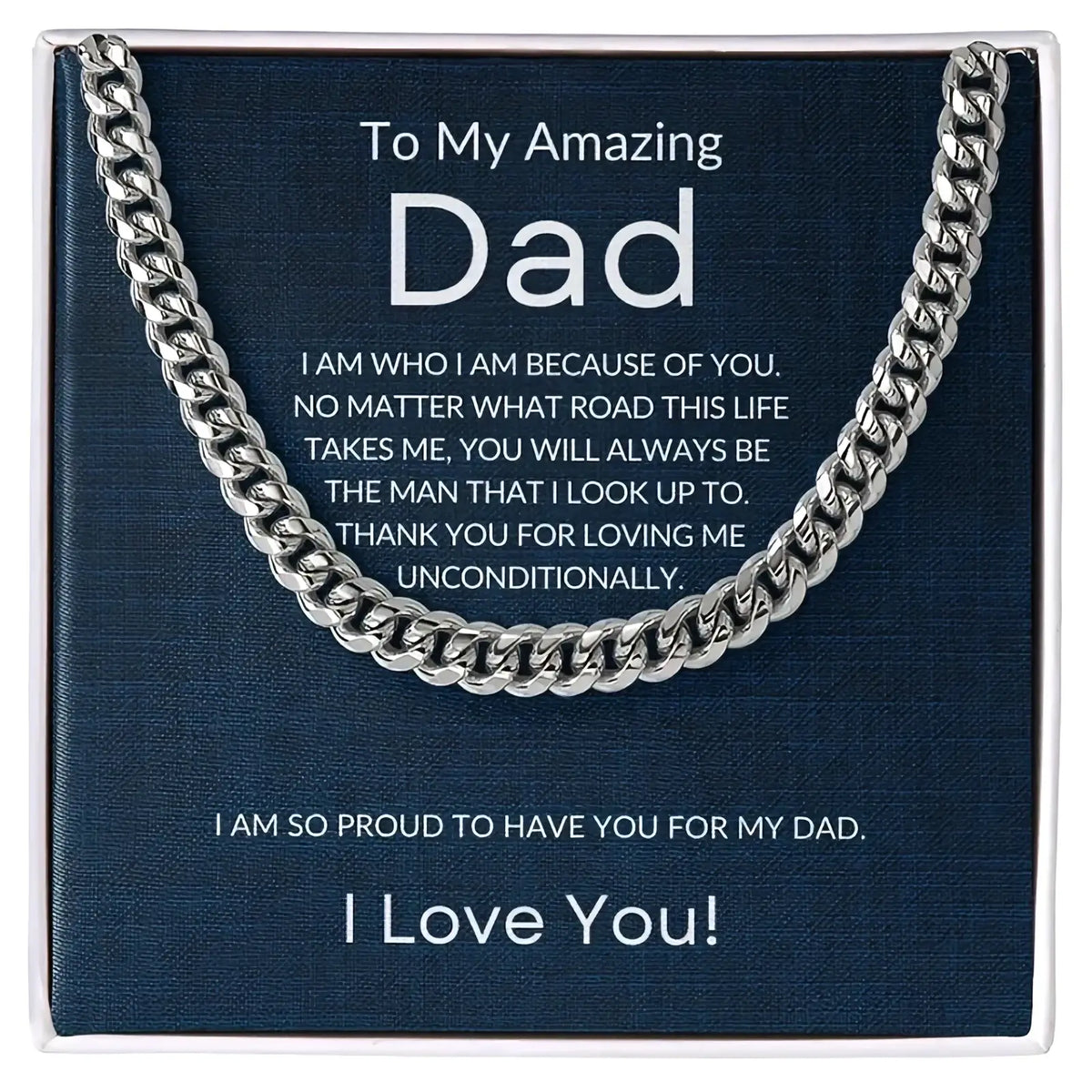Silver Cuban link chain necklace for men displayed in a gift box with a heartfelt message