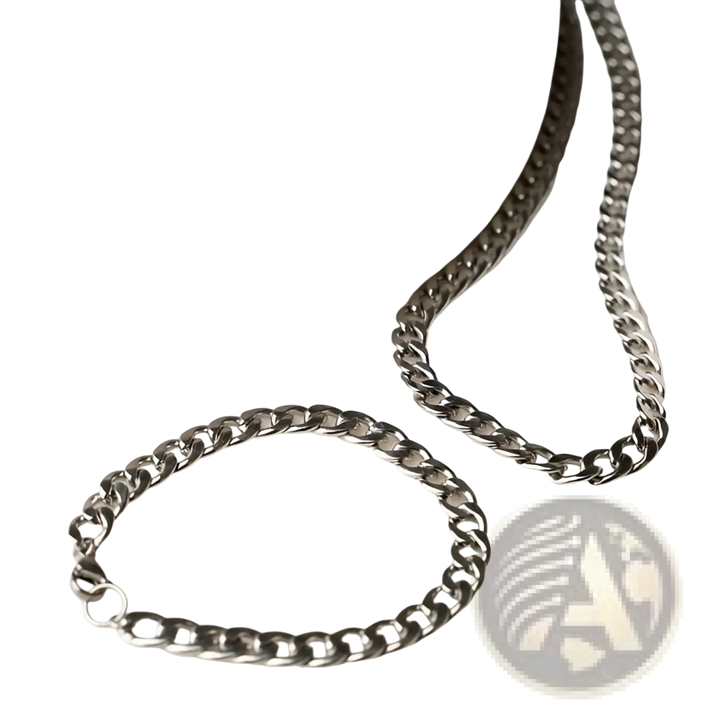 A sleek dark-toned stainless steel silver Cuban link chain necklace and curb chain bracelet set for men