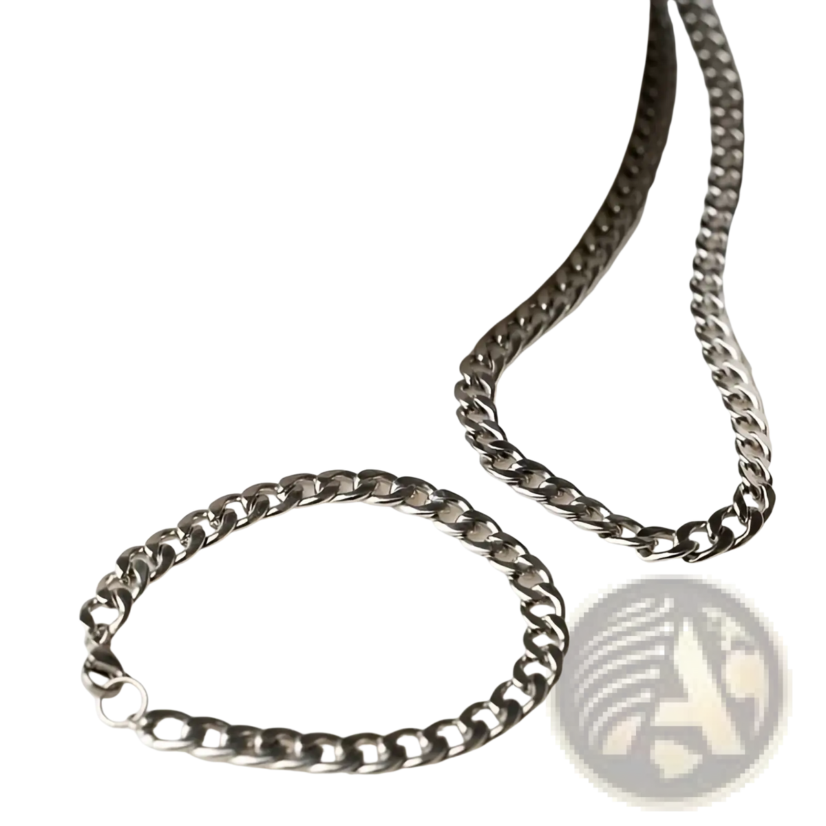 A sleek dark-toned stainless steel silver Cuban link chain necklace and curb chain bracelet set for men