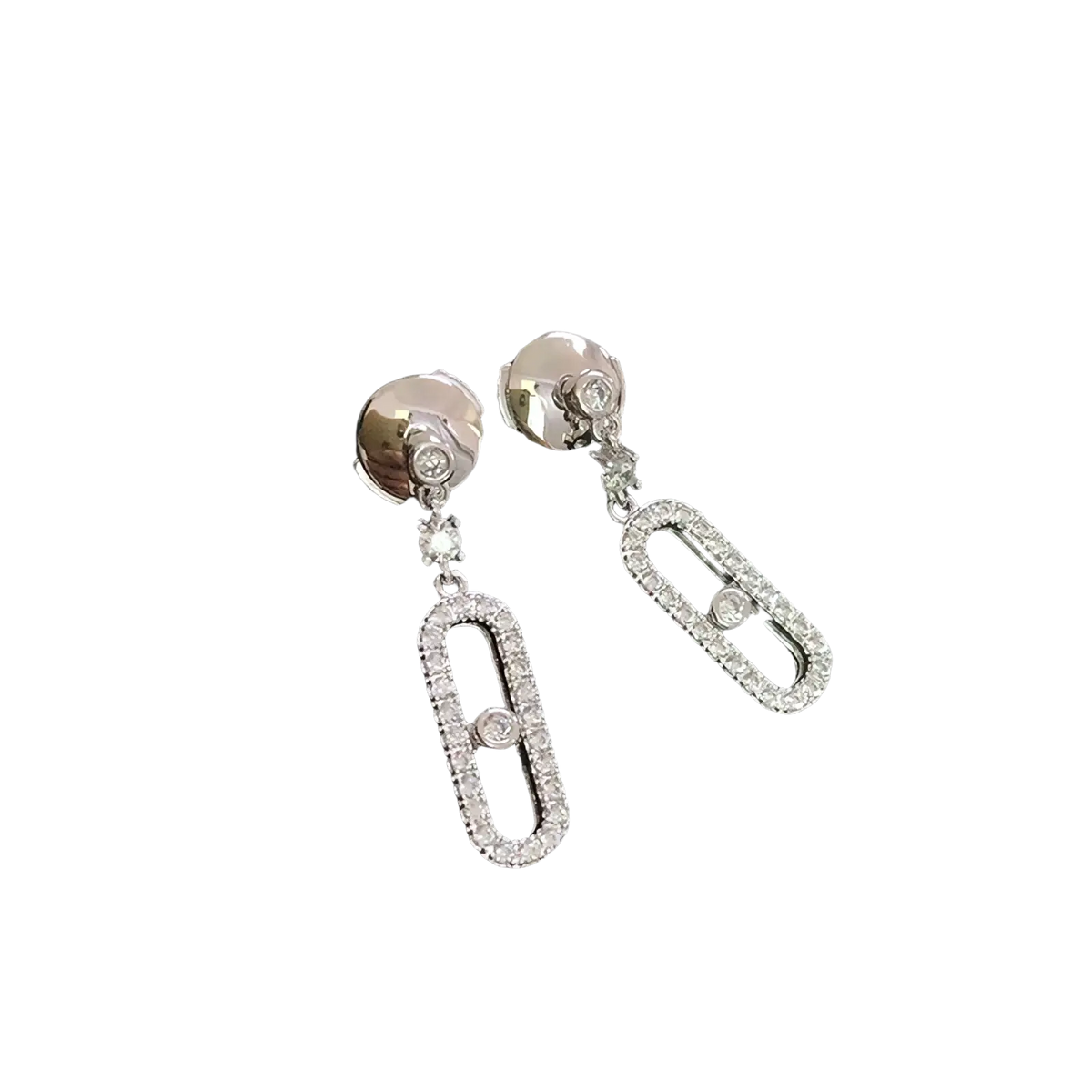 Elegant silver diamond rectangle drop earrings with oval-shaped dangling design encrusted with sparkling diamonds