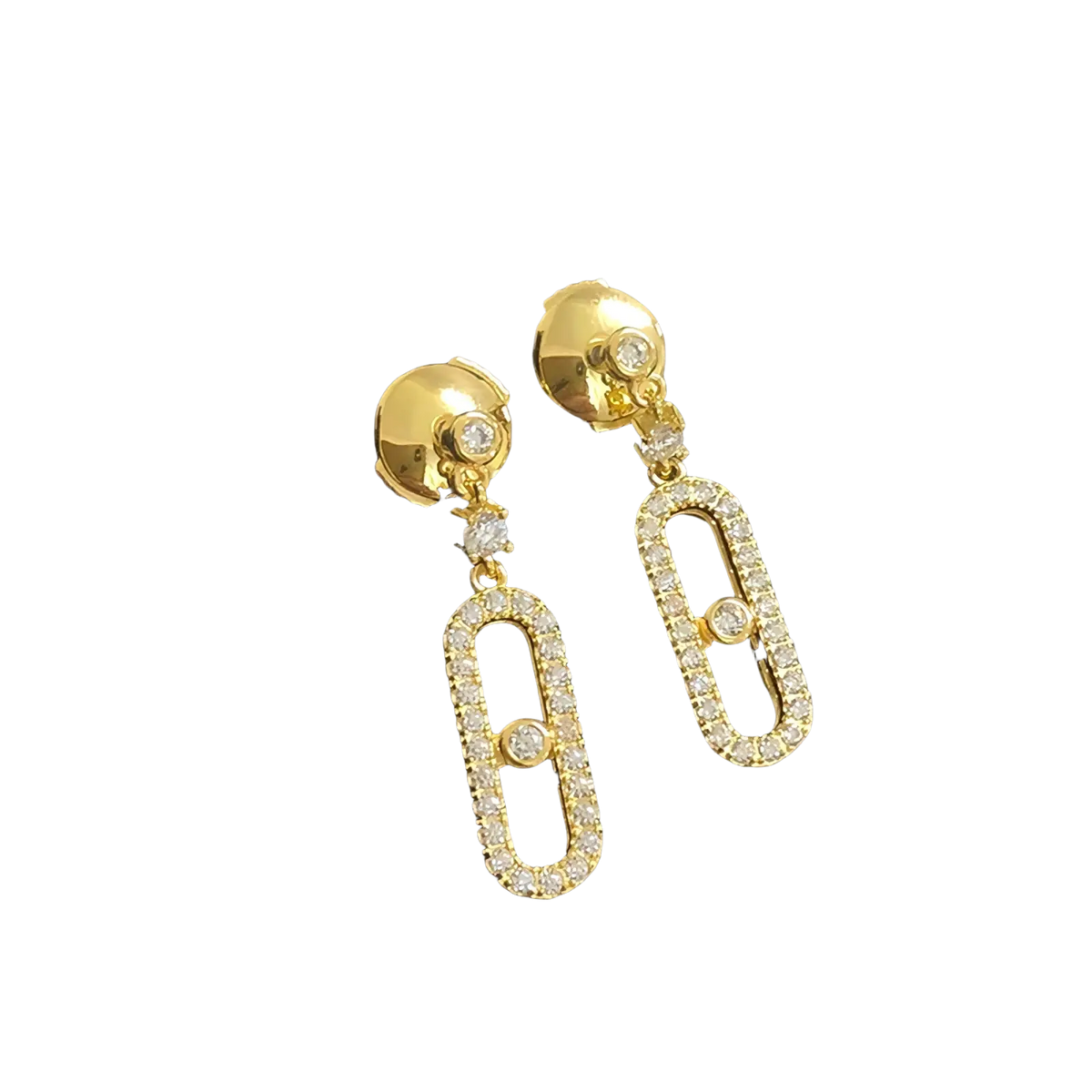 Silver diamond rectangle drop earrings in gold with oval shape and sparkling clear stones accented by smaller diamonds