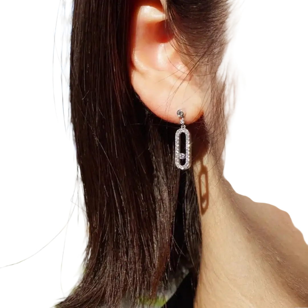 Silver diamond rectangle drop earring with rectangular open-link design encrusted in sparkling diamonds