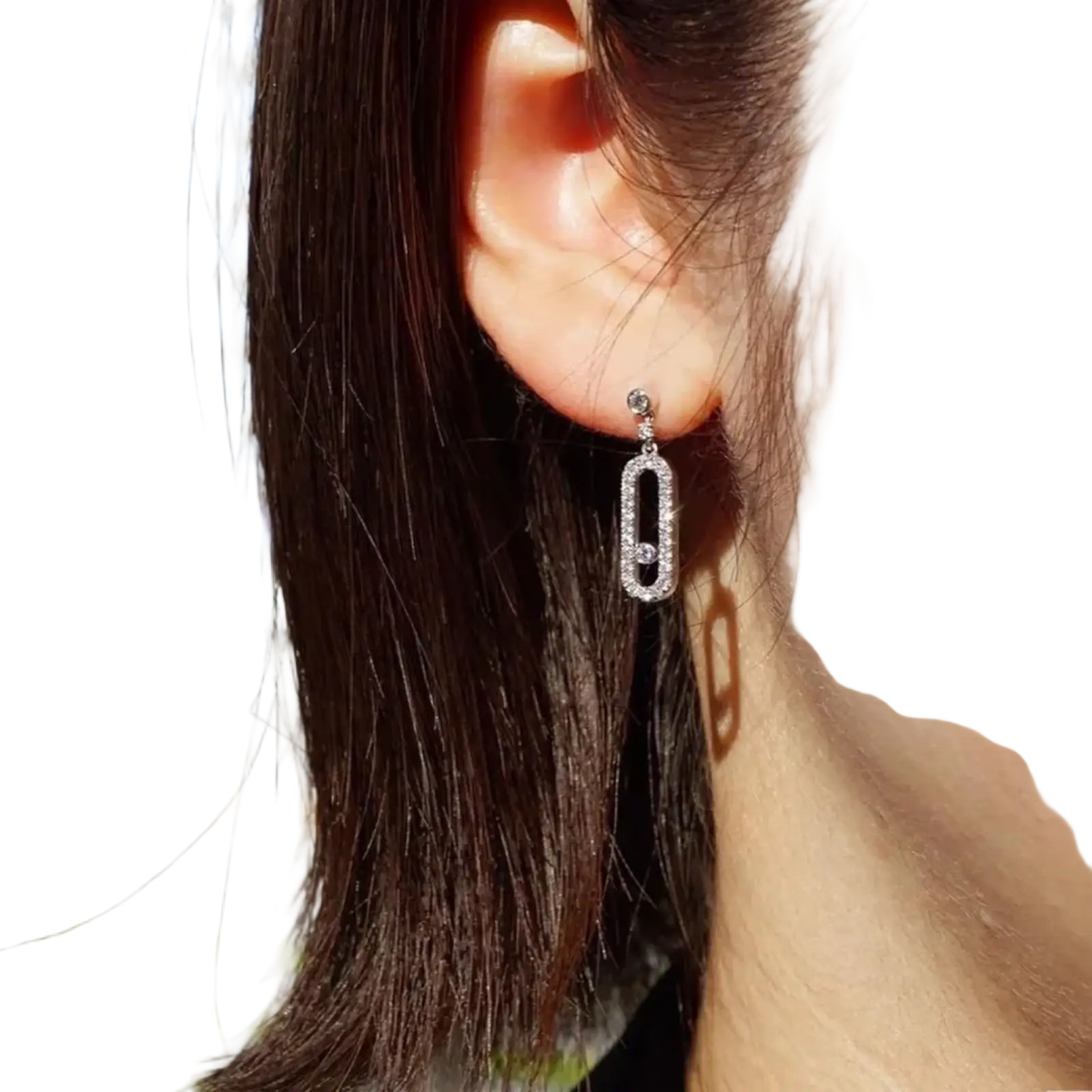 Silver diamond rectangle drop earring with rectangular open-link design encrusted in sparkling diamonds