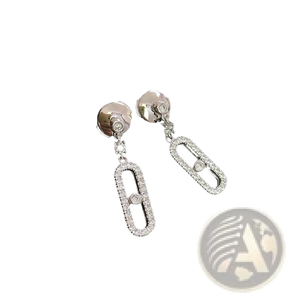 Elegant silver diamond rectangle drop earrings with oval-shaped dangling design encrusted with sparkling diamonds