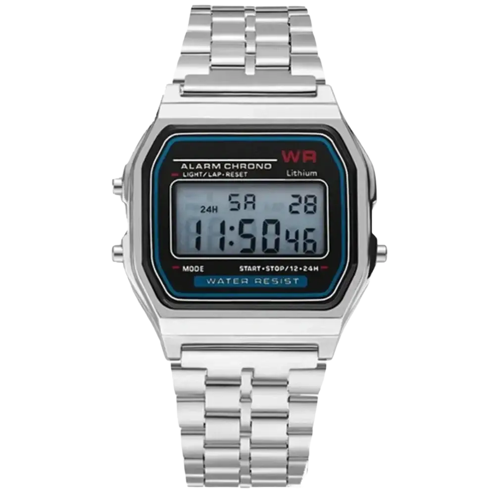 Silver digital stainless steel mens watch with rectangular face black display and blue and red accents