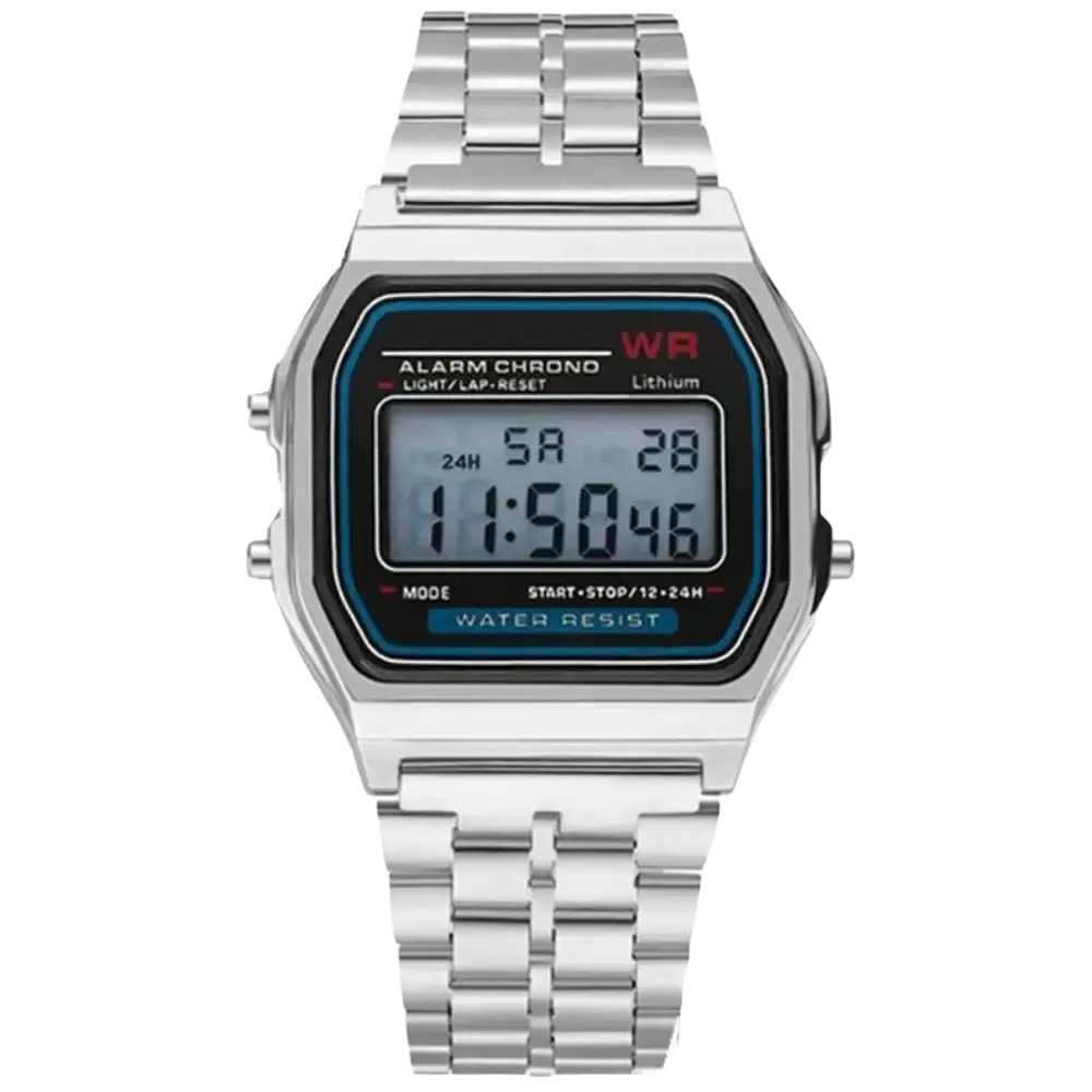 Silver digital stainless steel mens watch with rectangular face black display and blue and red accents