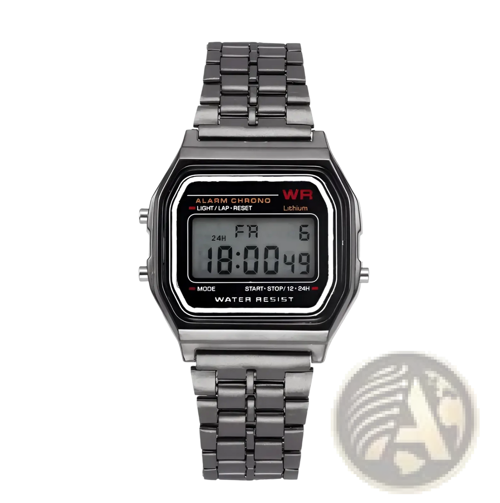 Silver digital stainless steel mens watch with black rectangular display showing time and day, silver-toned metal band and case